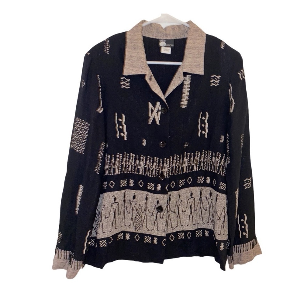 FIRST OPTION Black Beaded Novelty Print Button Up Blouse Vintage 80s 90s